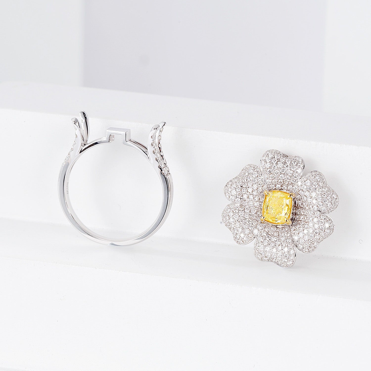 Cushion Cut Yellow Diamond Flower Engagement Ring -Top View
