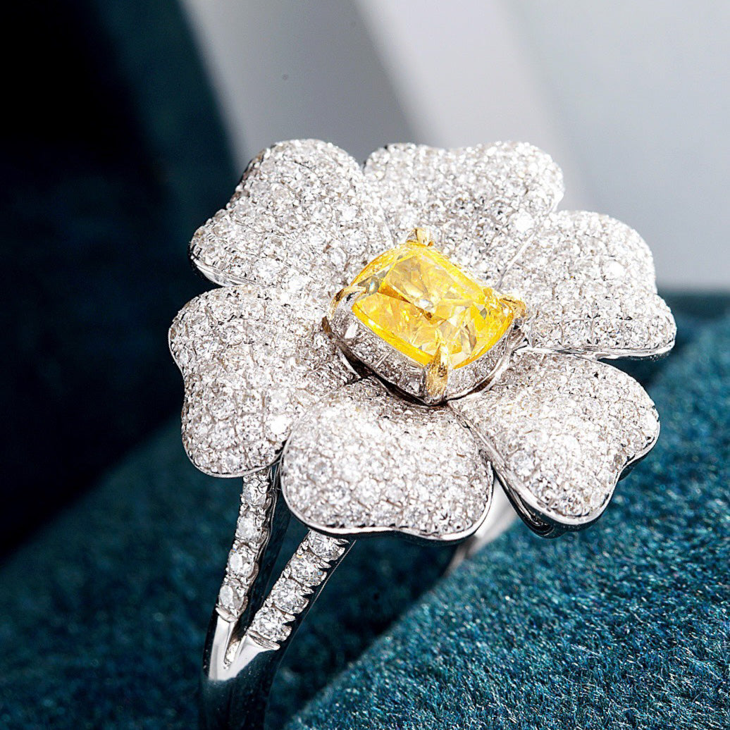 Cushion Cut Yellow Diamond Flower Engagement Ring -Perspective Close-up