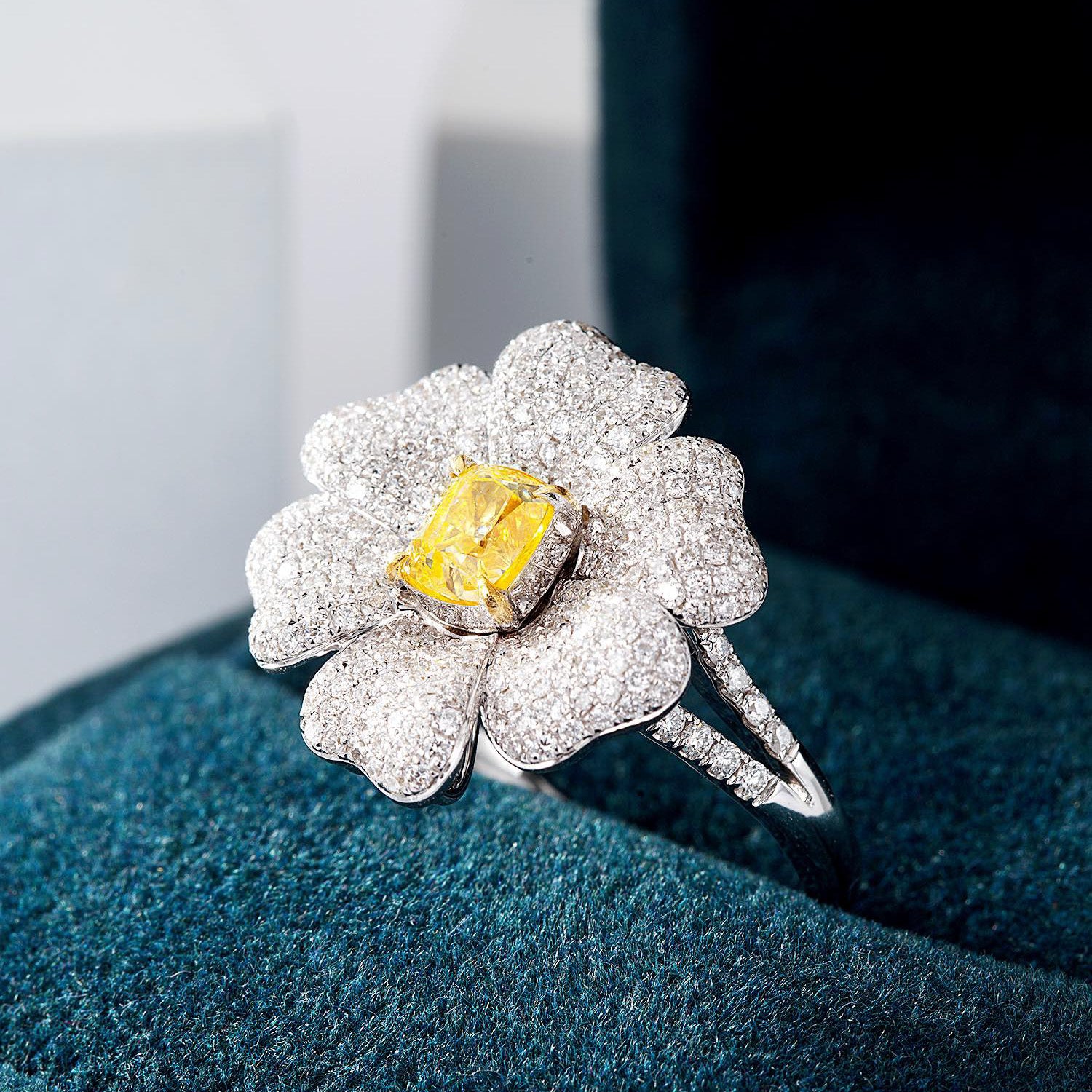 Cushion Cut Yellow Diamond Flower Engagement Ring -In-Box Display