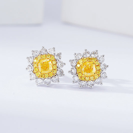 Cushion Cut Yellow Diamond Halo Stud Earrings in 18K White Gold