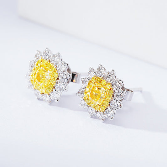 Cushion Cut Yellow Diamond Halo Stud Earrings in 18K White Gold