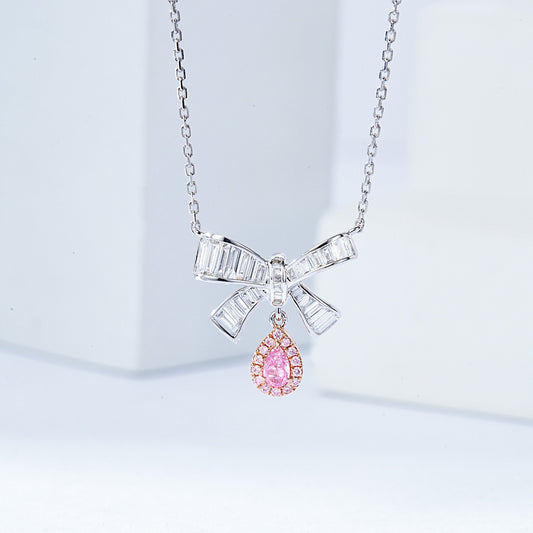 Pear Shaped Pink Diamond Pendant with Butterfly Bow Design in 18K White Gold