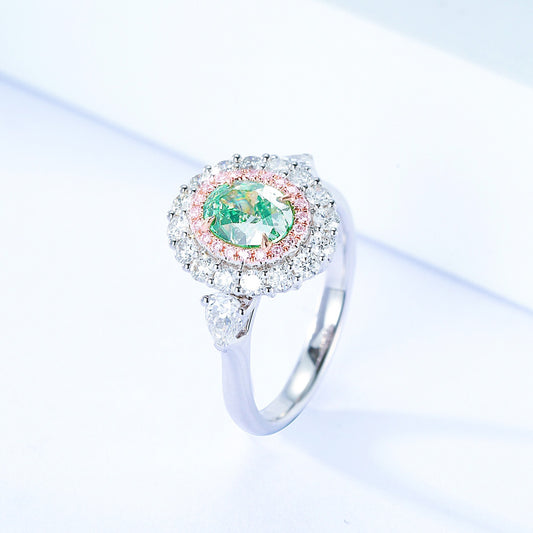 Oval Cut Green Diamond Halo Engagement Ring with Three Stone Setting