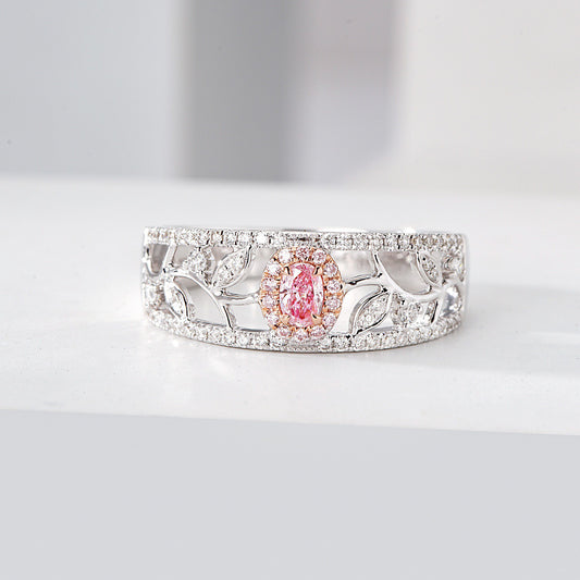 Oval Cut Pink Diamond Leaf Ring in 18K White Gold