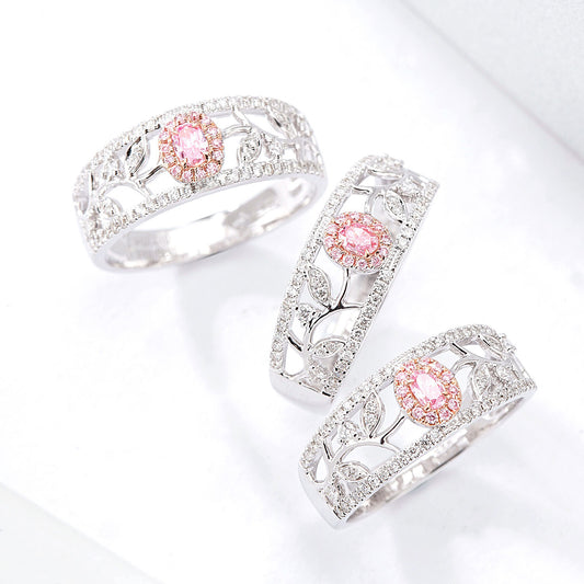Oval Cut Pink Diamond Leaf Ring in 18K White Gold