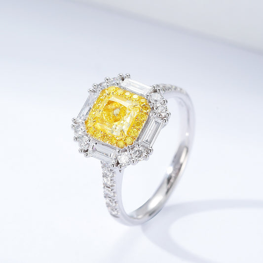 Cushion Cut Yellow Diamond Ring with Baguette and Round Diamond Accents