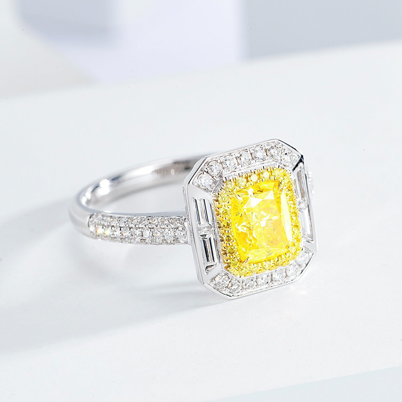 Cushion Cut Yellow Diamond Engagement Ring with Double Halo and Baguette Accents -Top View