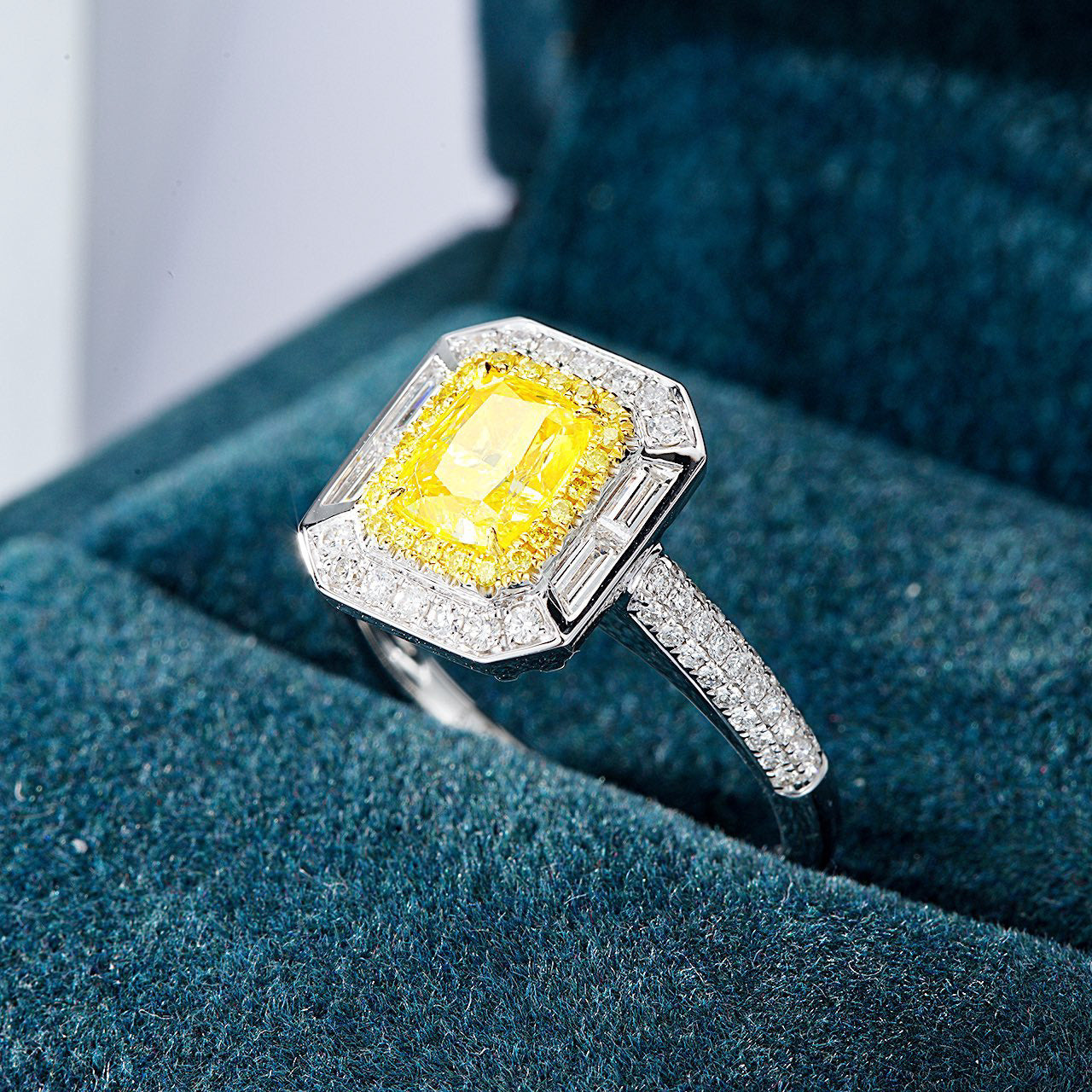 Cushion Cut Yellow Diamond Engagement Ring with Double Halo and Baguette Accents -In-Box Display