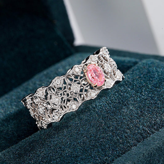 Oval Cut Pink Diamond Filigree Lace Ring in 18K White Gold