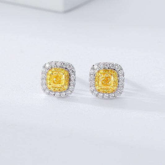 Cushion Cut Yellow Diamond Halo Stud Earrings in 18K White Gold