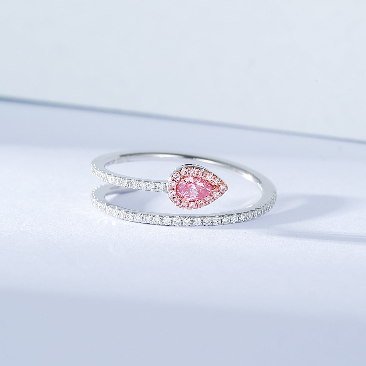 Pear Shaped Pink Diamond Open Band Ring with Halo -Front View
