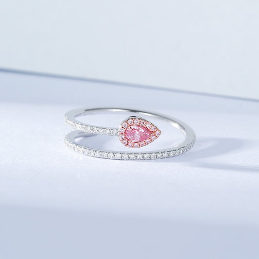 Pear Shaped Pink Diamond Open Band Ring with Halo