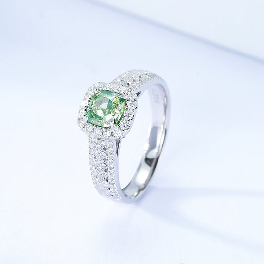 Cushion Cut Green Diamond Halo Engagement Ring with Pavé Band