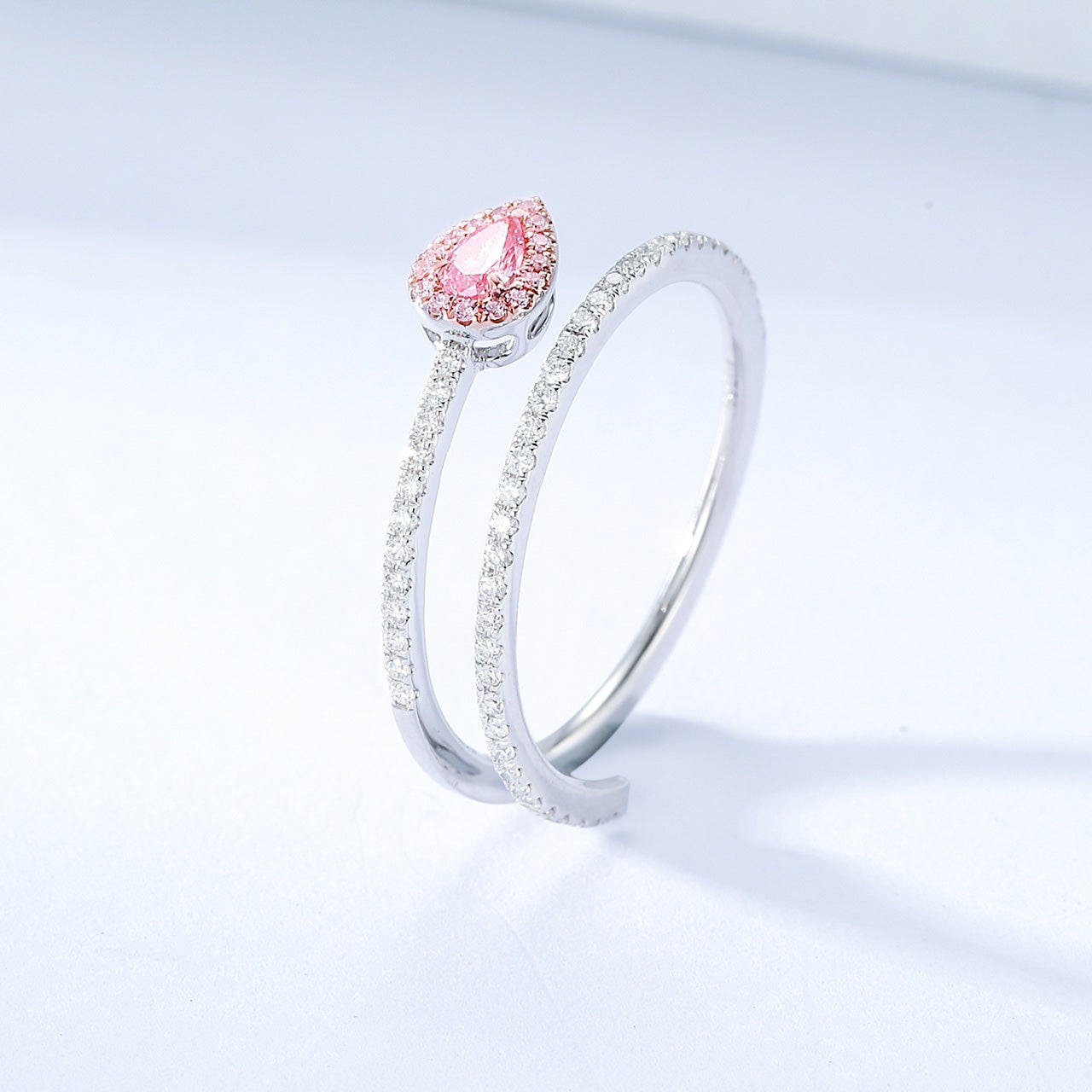 Pear Shaped Pink Diamond Open Band Ring with Halo -Side Angle