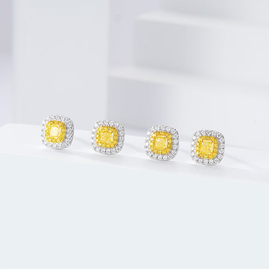 Cushion Cut Yellow Diamond Halo Stud Earrings in 18K White Gold