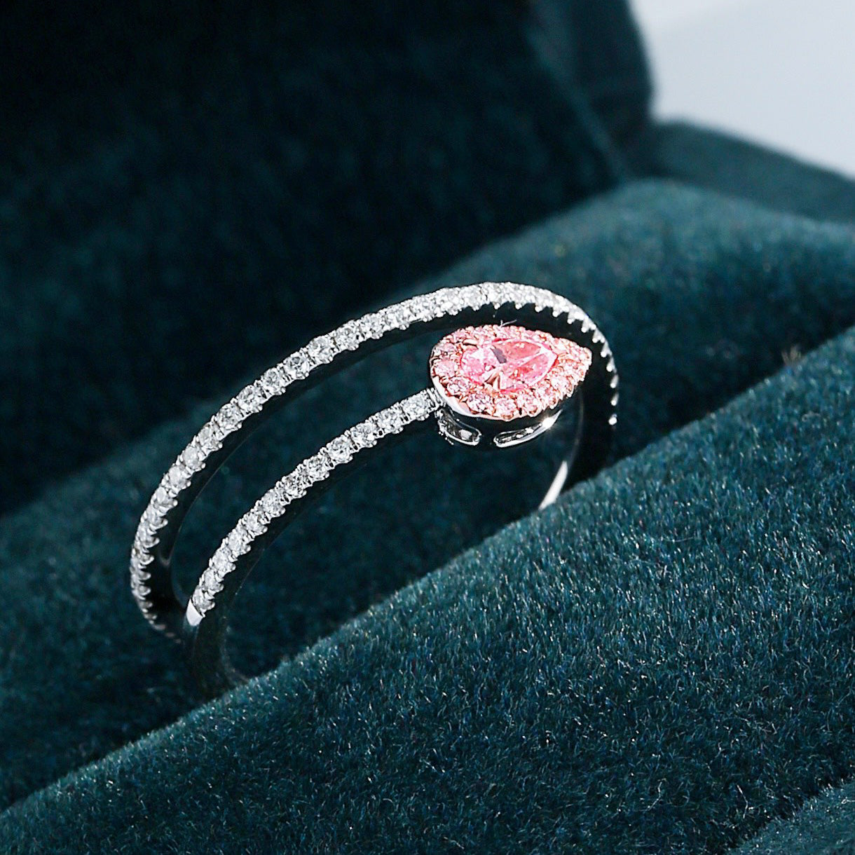 Pear Shaped Pink Diamond Open Band Ring with Halo -Perspective Close-up