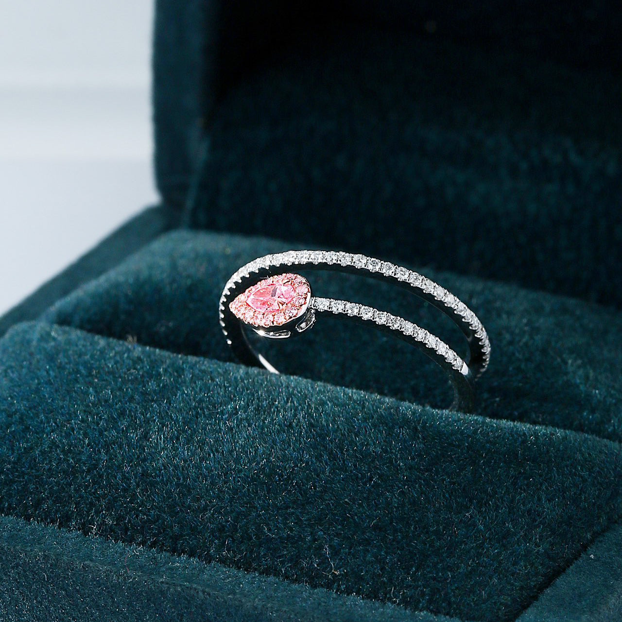Pear Shaped Pink Diamond Open Band Ring with Halo -In-Box Display