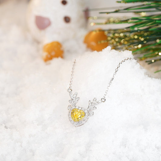 Yellow Diamond Heart Antler Pendant in 18K White Gold