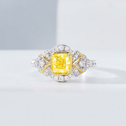 Cushion Cut Yellow Diamond Vintage Engagement Ring in 18K White Gold