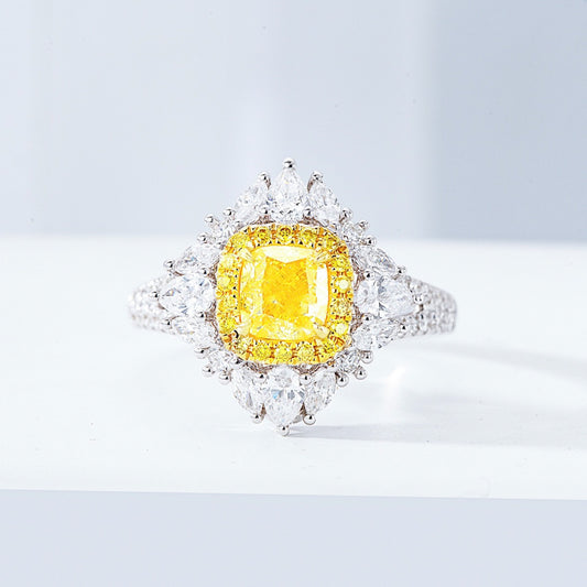 Cushion Cut Yellow Diamond Engagement Ring with Pavé Halo Setting in 18K White Gold