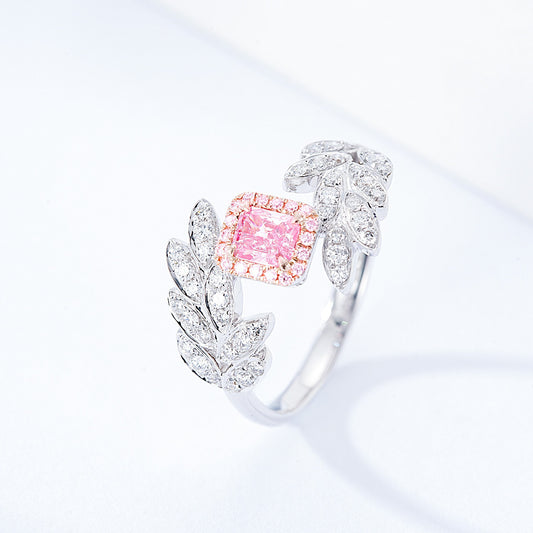 Cushion Cut Pink Diamond Nature Inspired Engagement Ring with Leaf Design