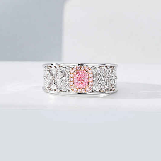 Cushion Cut Pink Diamond Lattice Band Ring with Diamond Accents