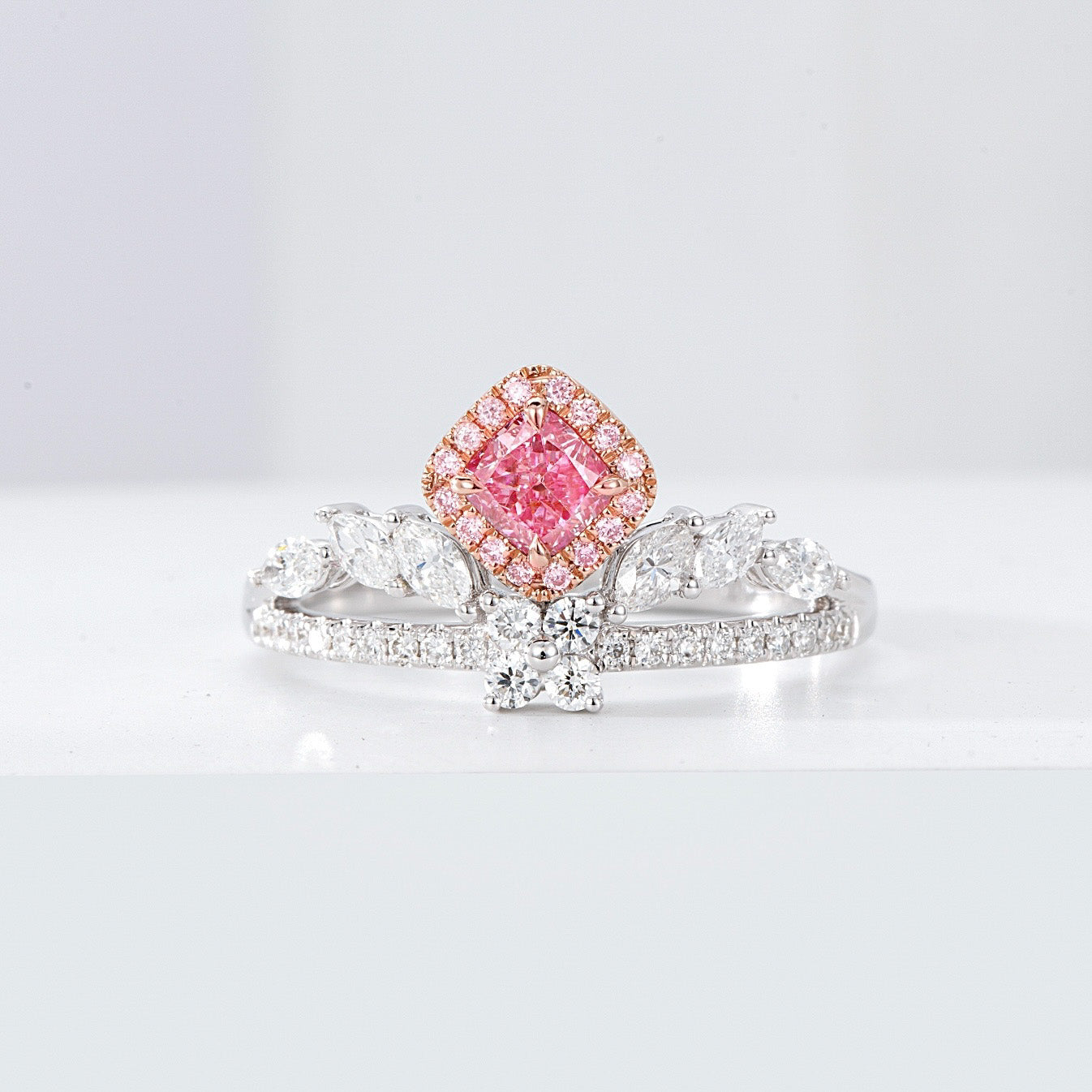 Cushion Cut Pink Diamond Crown Engagement Ring in 18K White Gold -Front View