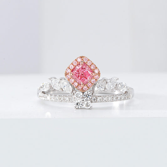 Cushion Cut Pink Diamond Crown Engagement Ring in 18K White Gold
