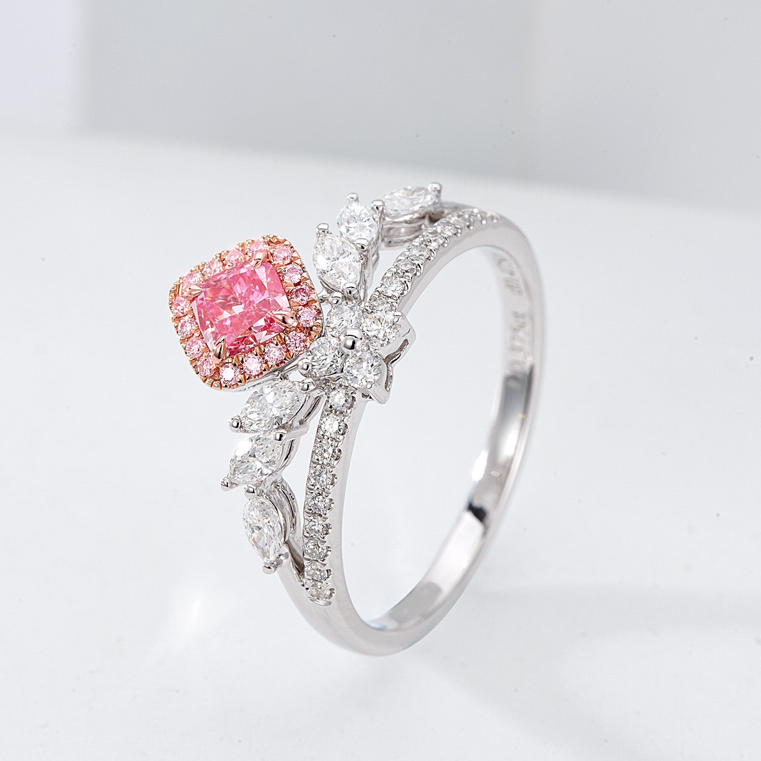 Cushion Cut Pink Diamond Crown Engagement Ring in 18K White Gold -Side Angle