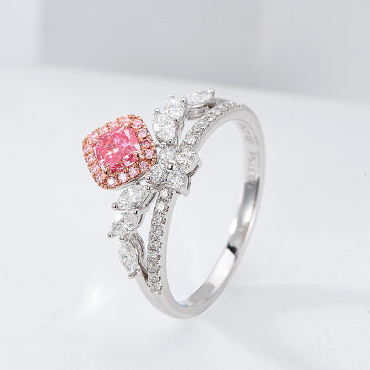 Cushion Cut Pink Diamond Crown Engagement Ring in 18K White Gold
