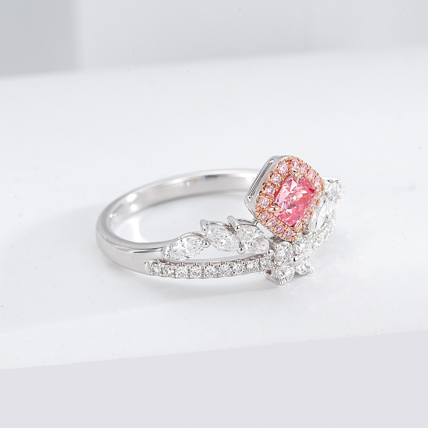 Cushion Cut Pink Diamond Crown Engagement Ring in 18K White Gold -Top View