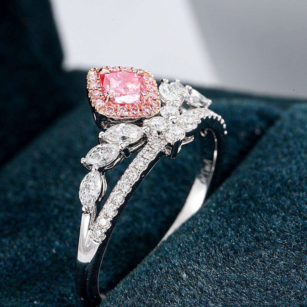 Cushion Cut Pink Diamond Crown Engagement Ring in 18K White Gold -Perspective Close-up