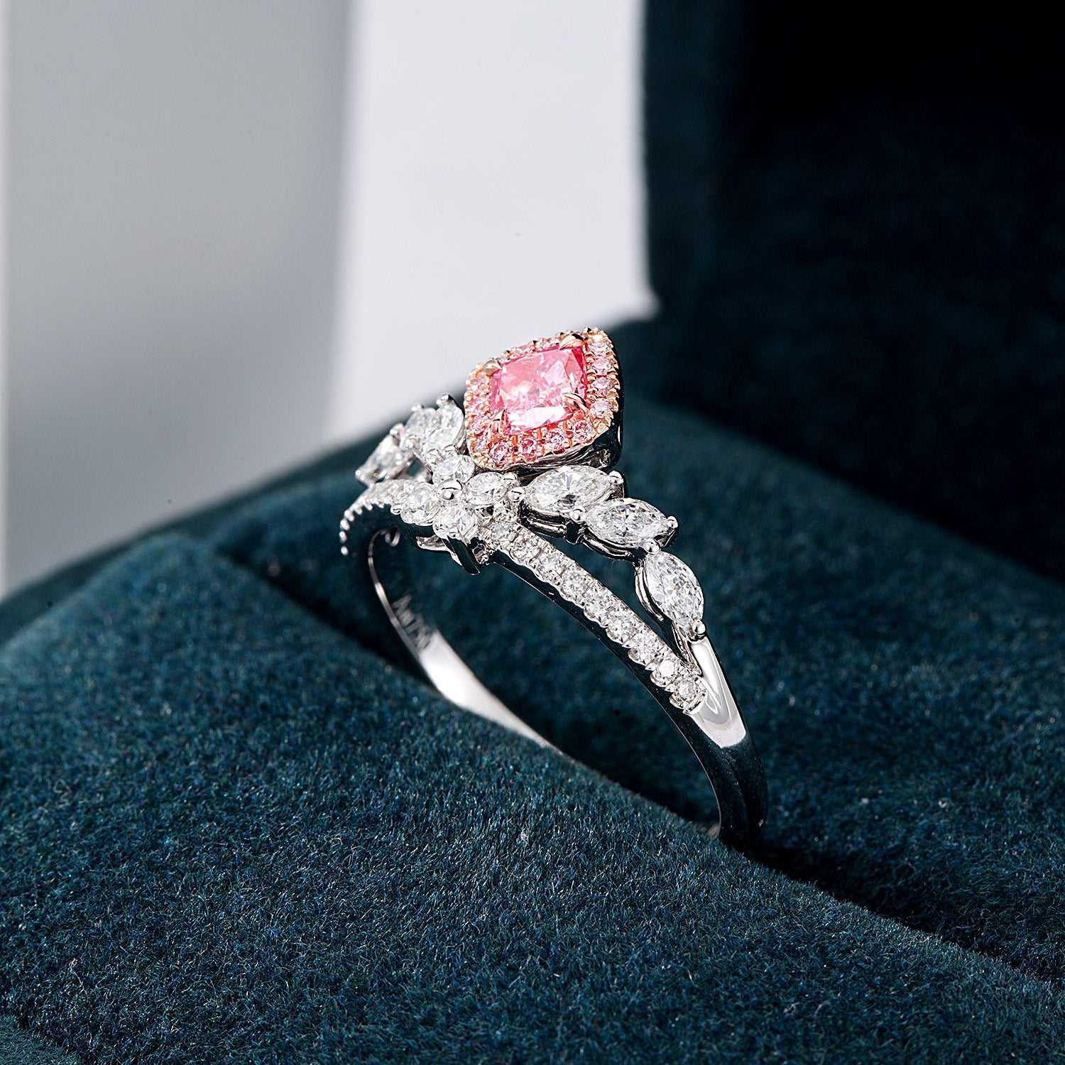 Cushion Cut Pink Diamond Crown Engagement Ring in 18K White Gold -In-Box Display