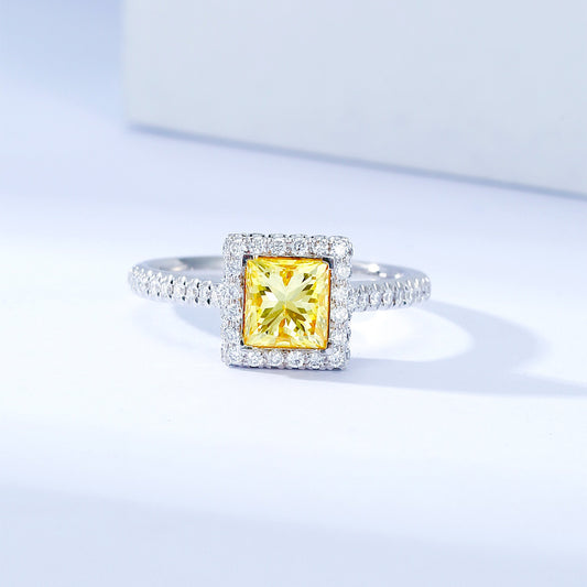 Princess Cut Yellow Diamond Halo Engagement Ring with Pavé Setting