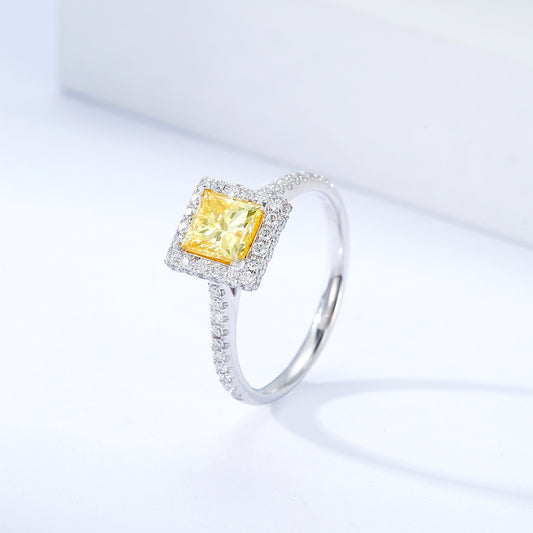 Princess Cut Yellow Diamond Halo Engagement Ring with Pavé Setting