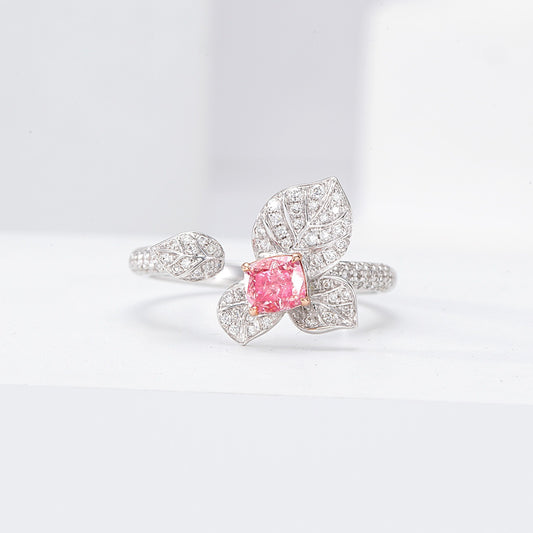 Cushion Cut Pink Diamond Engagement Ring with Leaf Design
