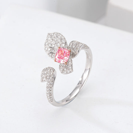 Cushion Cut Pink Diamond Engagement Ring with Leaf Design