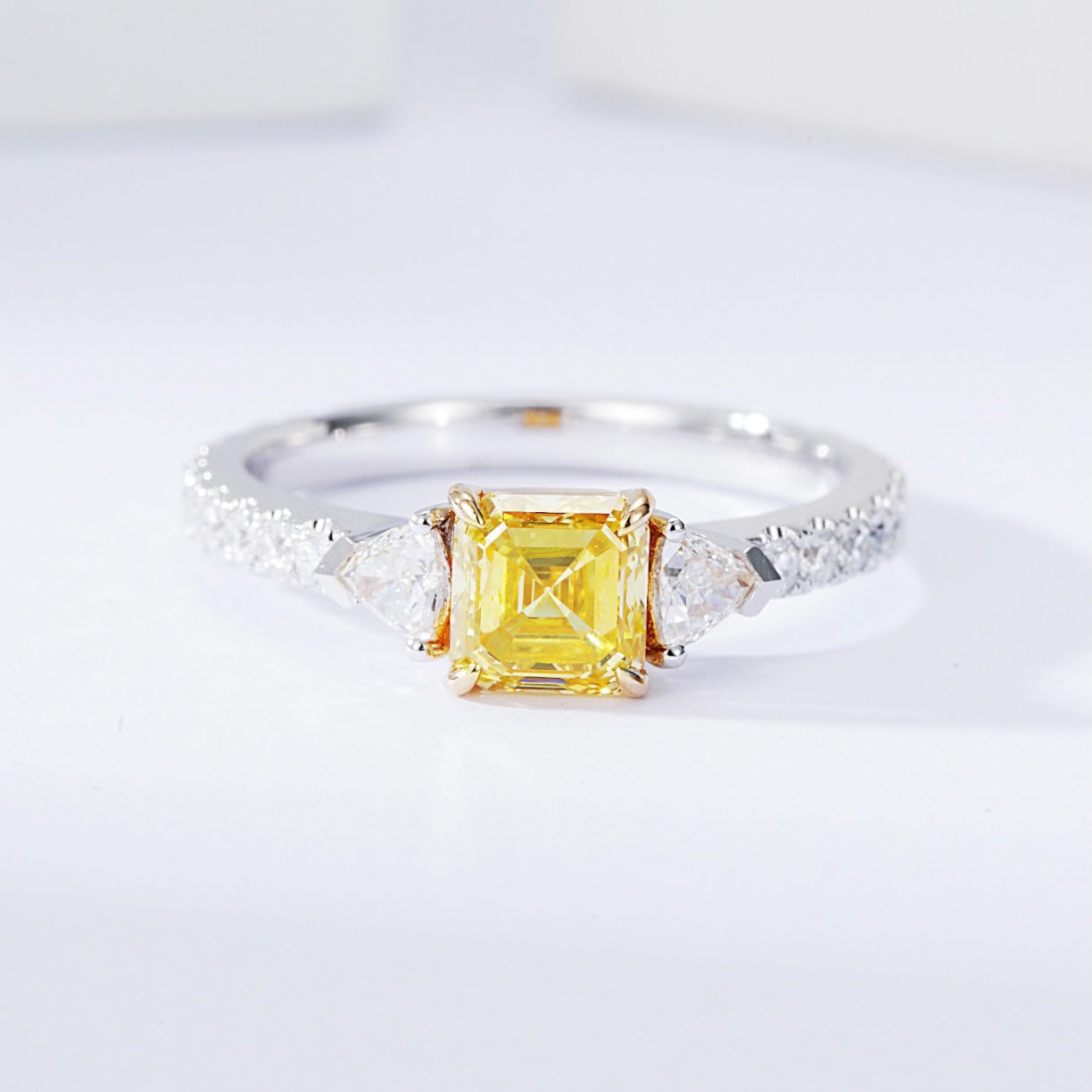 Yellow Asscher Cut Diamond Three Stone Engagement Ring with Pavé Band -Front View
