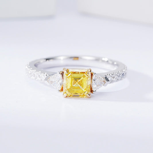 Yellow Asscher Cut Diamond Three Stone Engagement Ring with Pavé Band