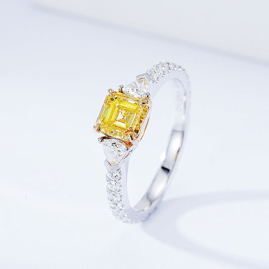 Yellow Asscher Cut Diamond Three Stone Engagement Ring with Pavé Band