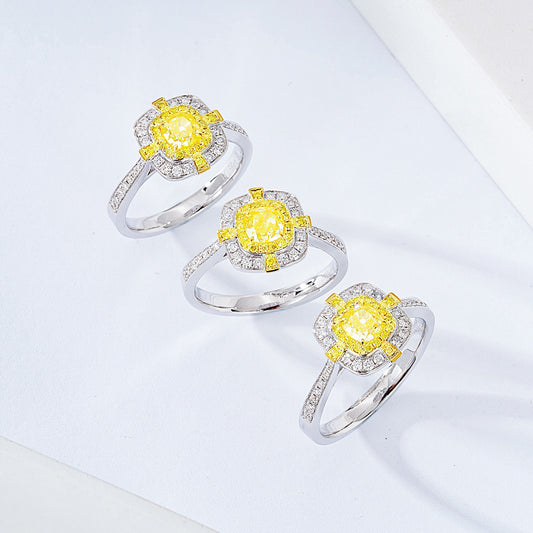 Cushion Cut Yellow Diamond Vintage Engagement Ring with Halo Channel Setting in 18K White Gold