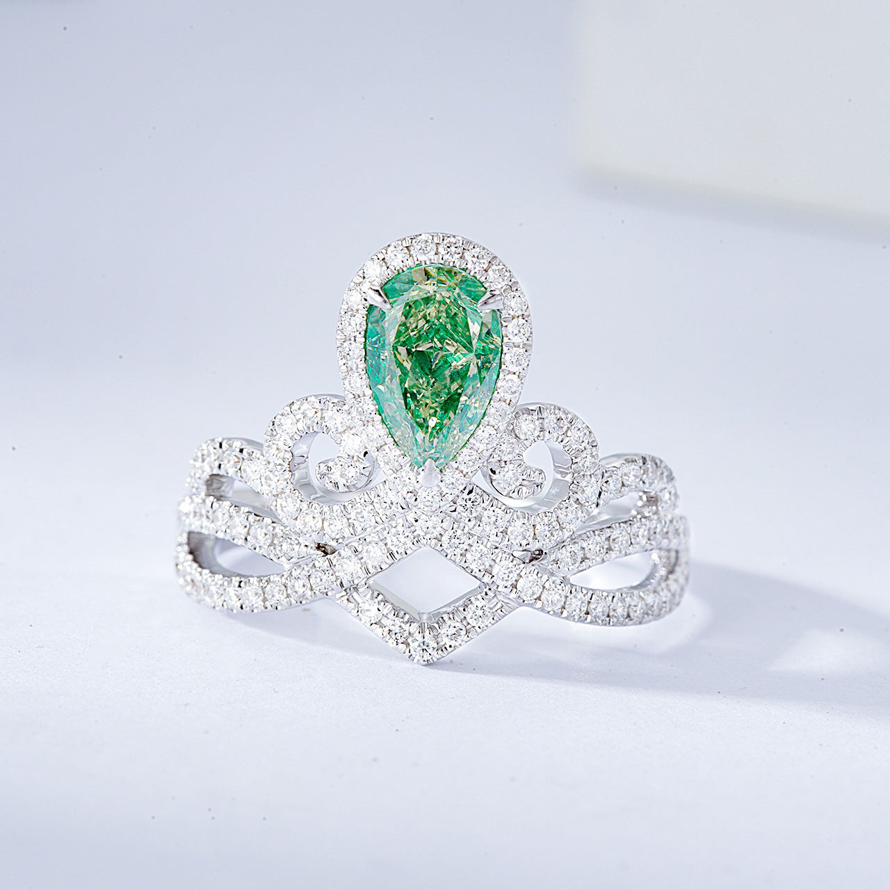 Pear Shaped Green Diamond Crown Inspired Engagement Ring -Front View