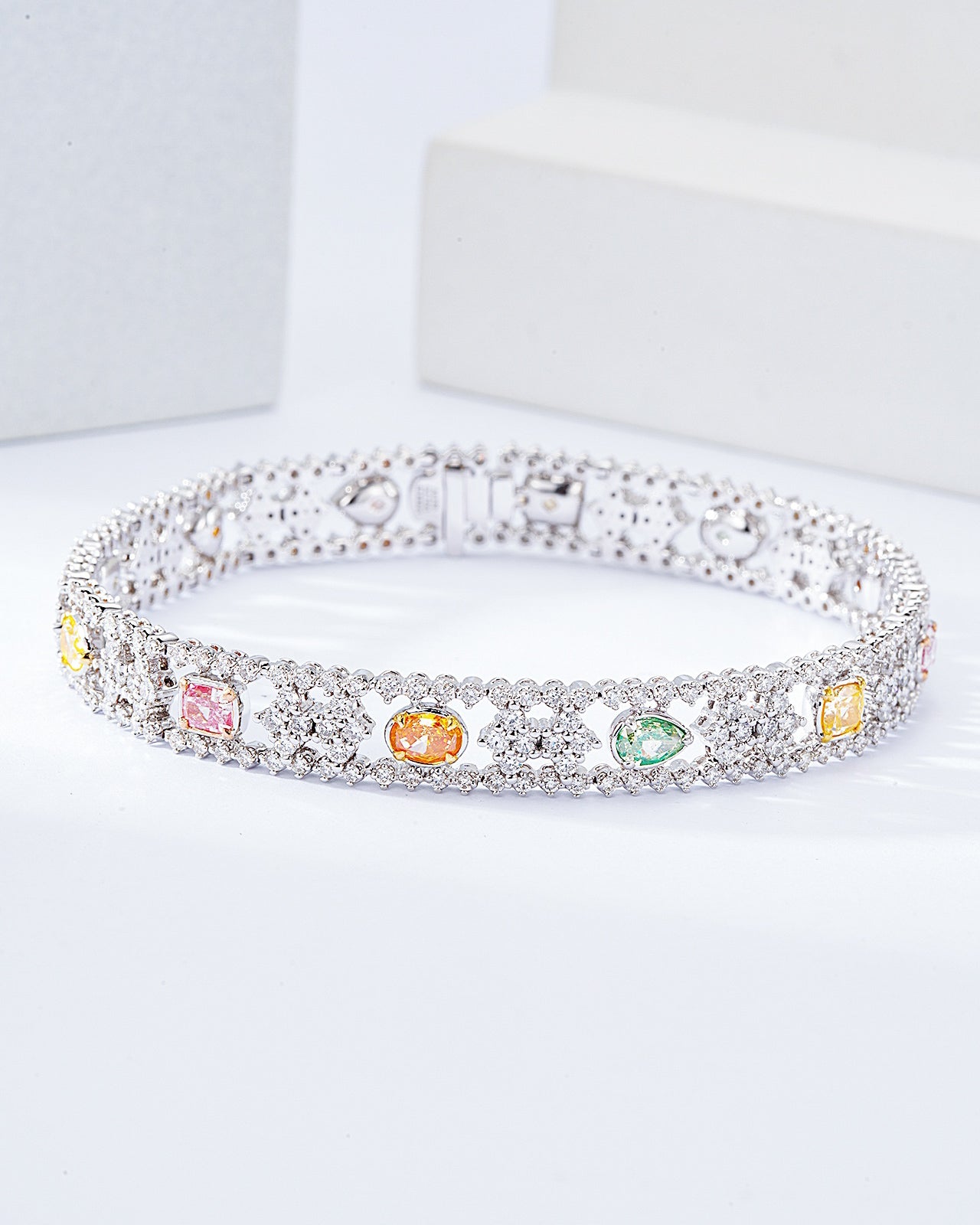 Multi-Color and Multi-Shape Diamond Bracelet in 18K White Gold -Front View