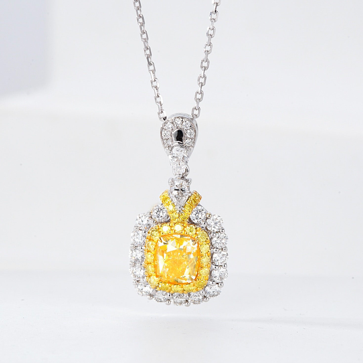 Cushion Cut Yellow Diamond Halo Pendant in 18K White Gold -Front View