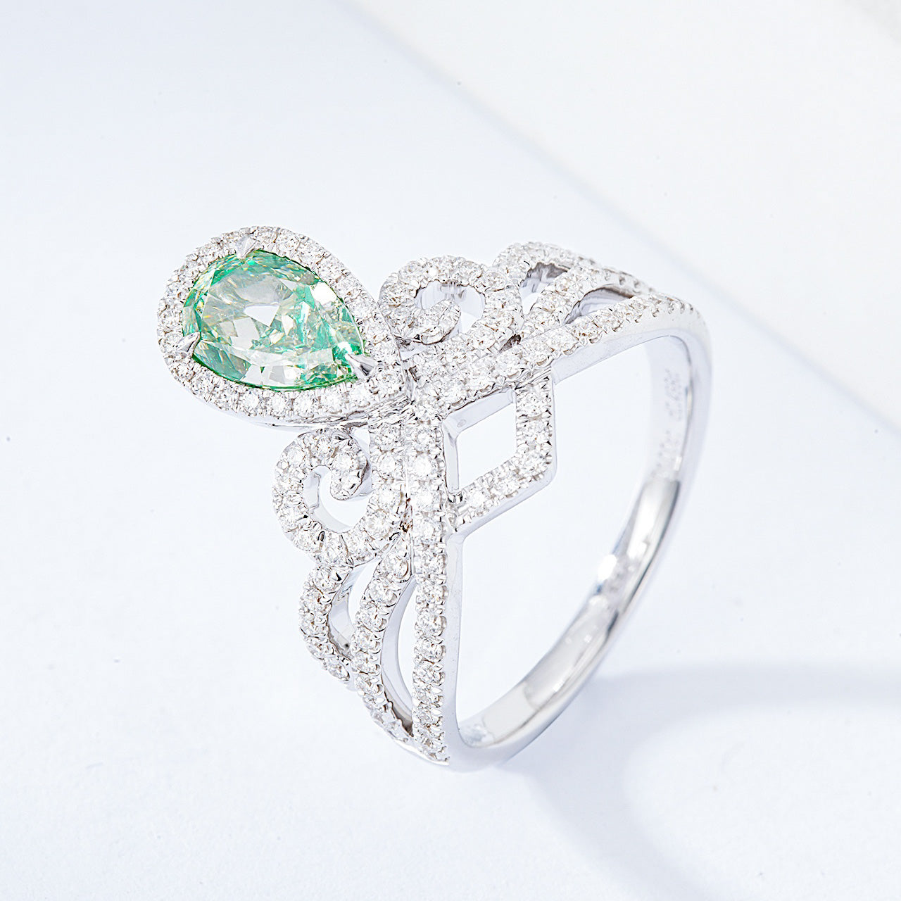 Pear Shaped Green Diamond Crown Inspired Engagement Ring -Side Angle