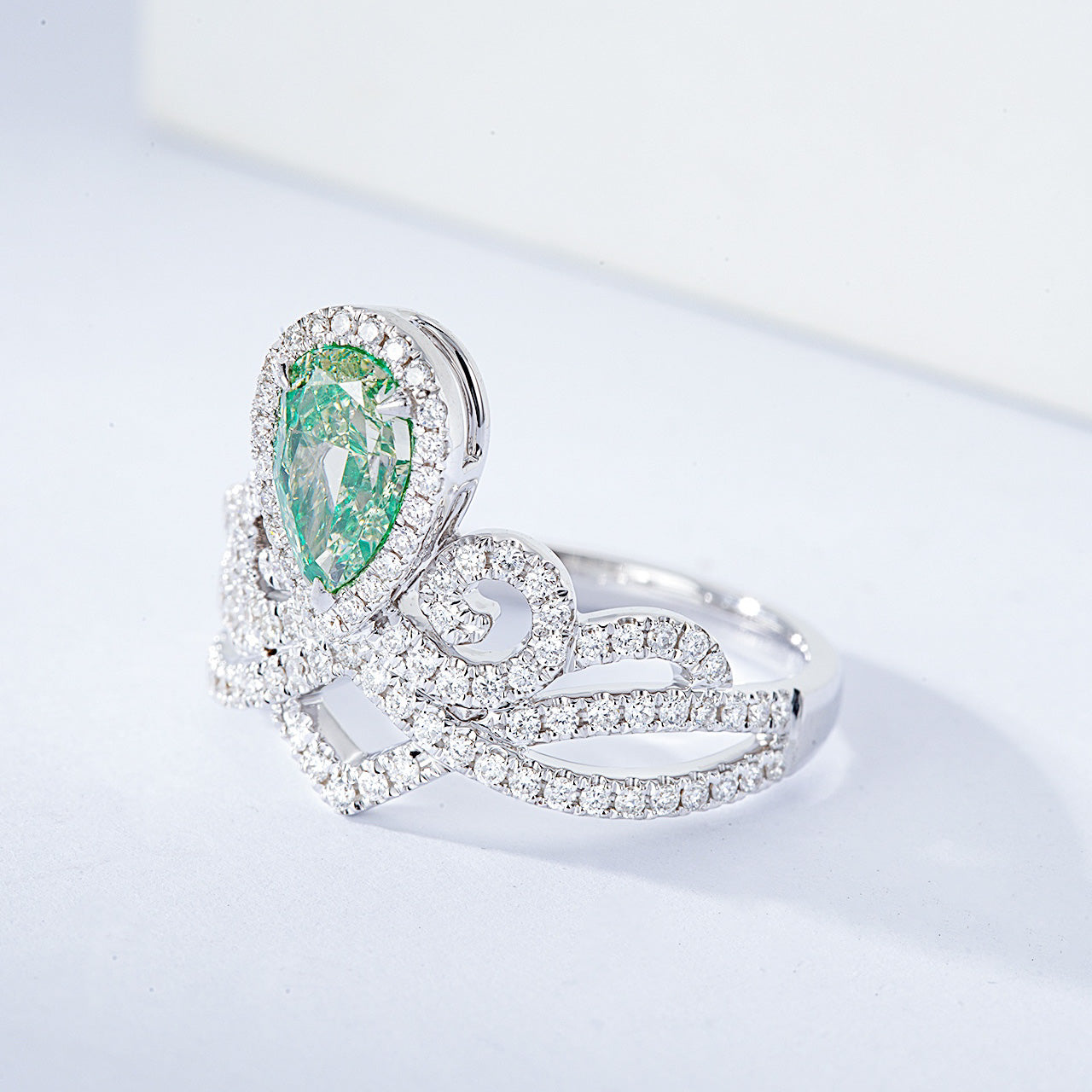 Pear Shaped Green Diamond Crown Inspired Engagement Ring -Top View