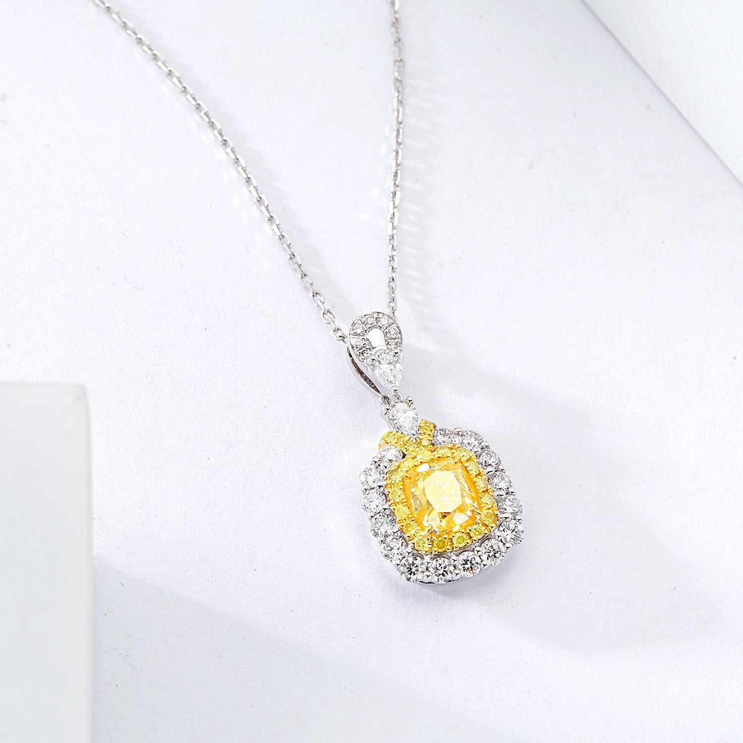 Cushion Cut Yellow Diamond Halo Pendant in 18K White Gold -Top View