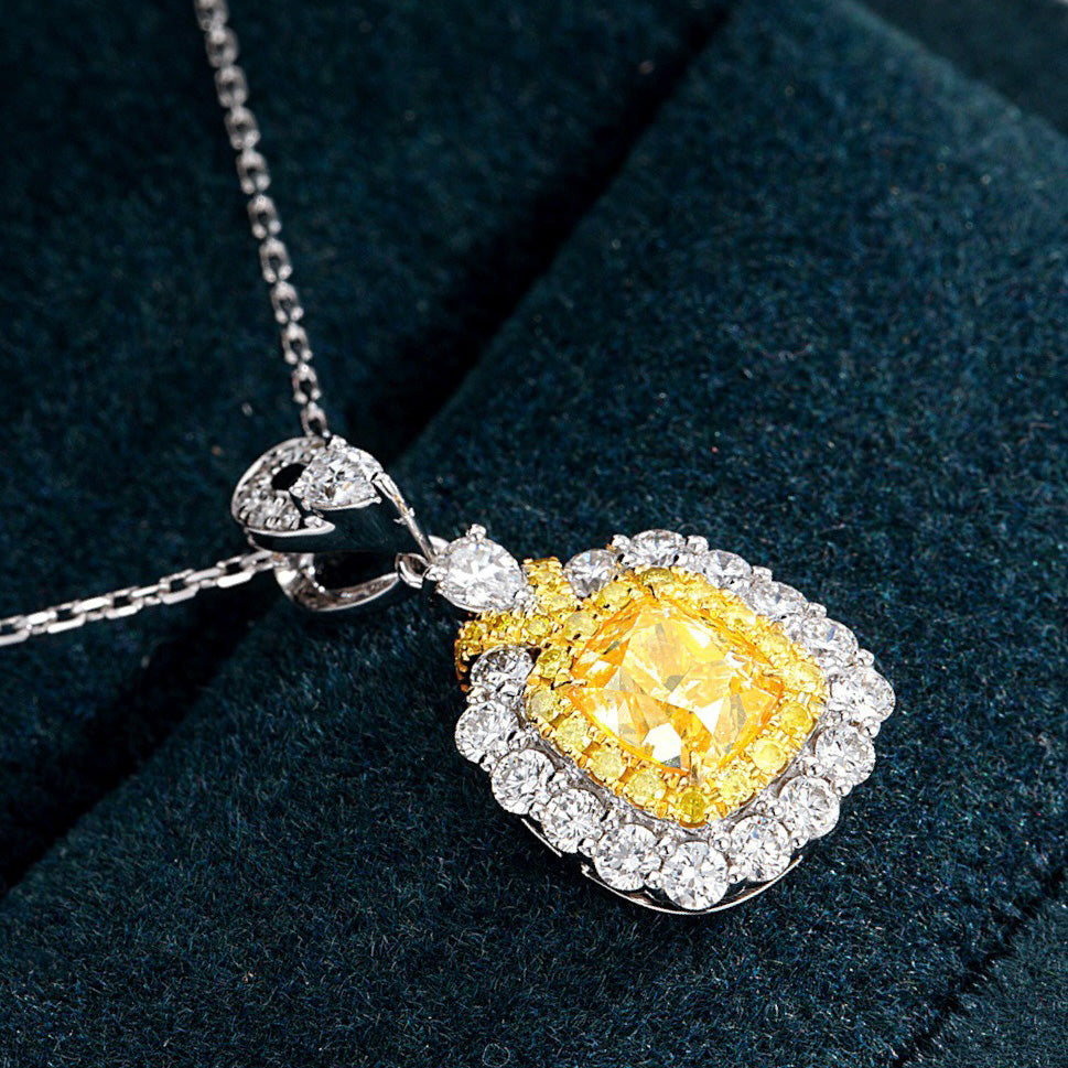 Cushion Cut Yellow Diamond Halo Pendant in 18K White Gold -Perspective Close-up