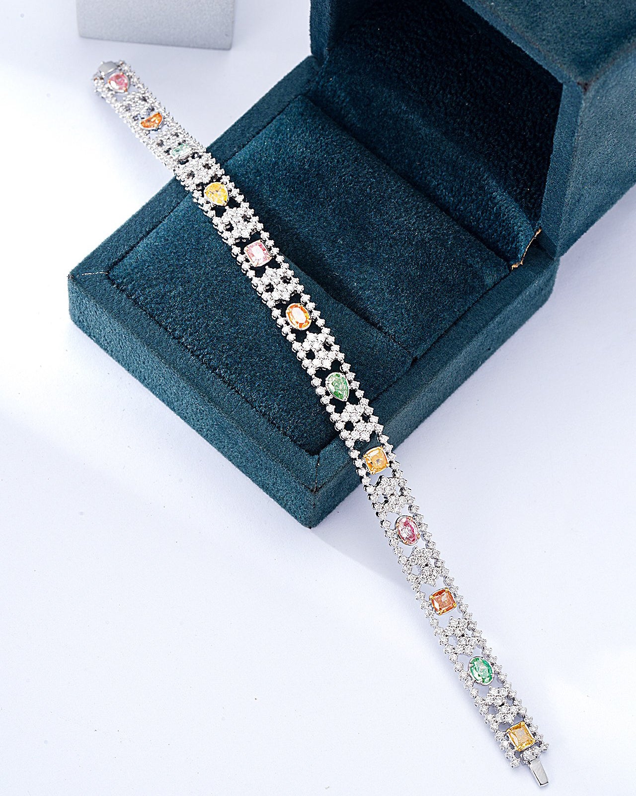 Multi-Color and Multi-Shape Diamond Bracelet in 18K White Gold -Perspective Close-up