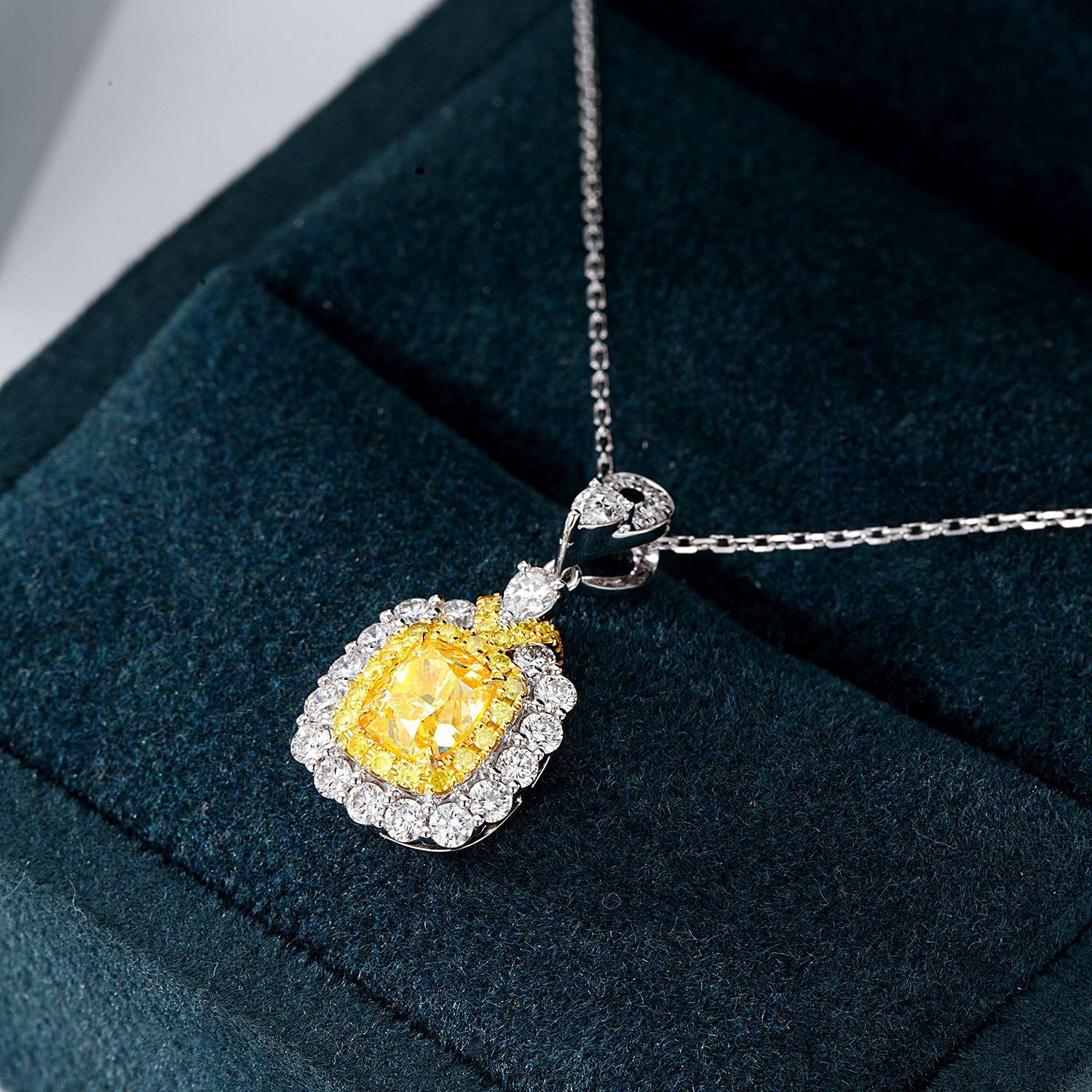 Cushion Cut Yellow Diamond Halo Pendant in 18K White Gold -In-Box Display